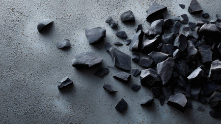 Broken black stones spread across a smooth concrete background, moody and minimalistic lookの素材