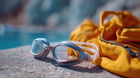 Close-up of a swimmer's goggles and cap, showcasing their equipment while they prepare to dive inの素材