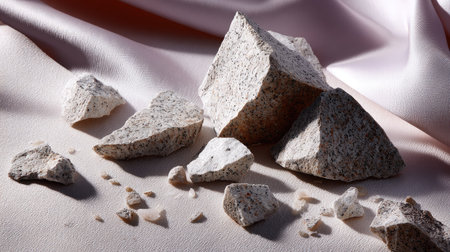 Broken granite fragments on pale textured fabric background, clean modern aestheticの素材
