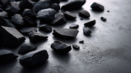 Broken black stones spread across a smooth concrete background, moody and minimalistic lookの素材