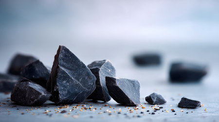 Broken black stones laid on smooth neutral-colored background, styled with depth and textureの素材