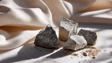 Broken granite fragments on pale textured fabric background, clean modern aestheticの素材
