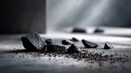 Broken black stones spread across a smooth concrete background, moody and minimalistic lookの素材
