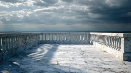 Calm scene of a marble terrace and a cloudy sky, the natural light casting a gentle shadow across the floorの素材