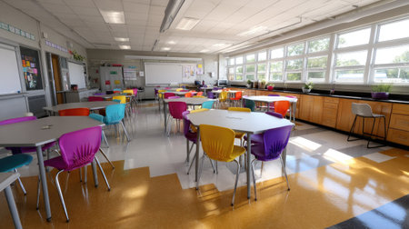 Classroom with collaborative desk clusters and color-coordinated chairs, no studentsの素材