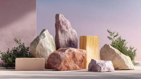Broken rock podium pieces arranged artfully on pastel background for organic product mockupsの素材