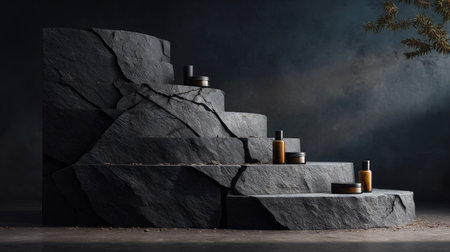 Cracked black slate podium with moody lighting and empty product spaceの素材