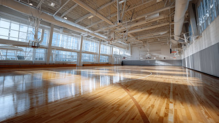 Clean indoor basketball gym with bright lighting and court lines clearly visible, no playersの素材