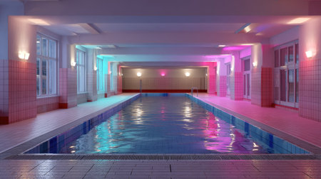 Clean and inviting indoor swimming pool with colorful lighting and polished tiles, no people in the sceneの素材