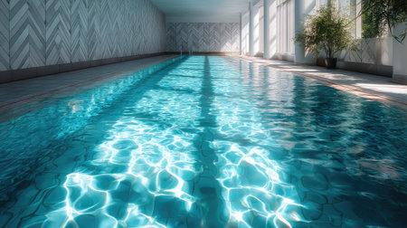 Clear water in a bright, vibrant indoor pool with geometric tiles and soft light from above, no people visibleの素材