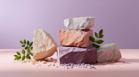 Broken rock podium pieces arranged artfully on pastel background for organic product mockupsの素材