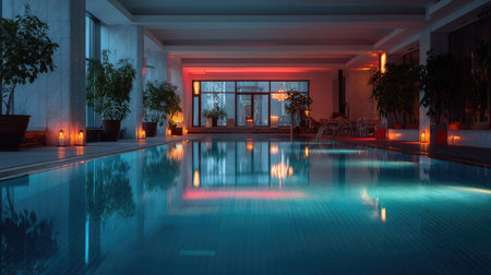 Calm and peaceful indoor pool with vibrant lighting and soft reflections on the water's surfaceの素材