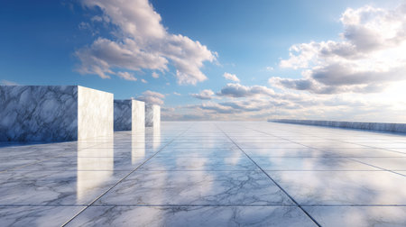 Clean, elegant marble flooring with soft light reflecting off its surface, under a clear sky with light cloudsの素材
