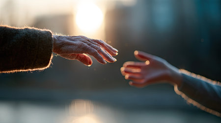 Close-up of an elderly and a young hand reaching out, symbolizing generational connectionの素材