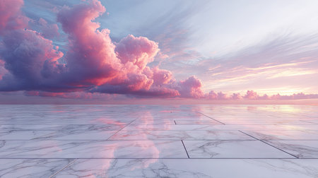 Clean white marble floor under a calm, colorful sky with glowing evening clouds and no other objects presentの素材