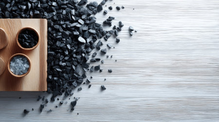 Clean layout of crushed black stones on light wooden background, minimal and editorialの素材