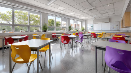 Classroom with collaborative desk clusters and color-coordinated chairs, no studentsの素材
