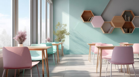 Creative classroom setup with hexagonal desks and modern chairs in pastel tones, no peopleの素材
