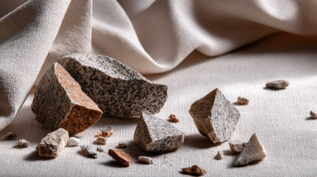 Broken granite fragments on pale textured fabric background, clean modern aestheticの素材