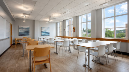 Clean, spacious educational room with modern seating and writing surfaces, devoid of peopleの素材