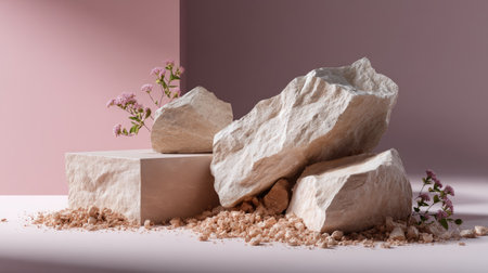 Broken rock podium pieces arranged artfully on pastel background for organic product mockupsの素材