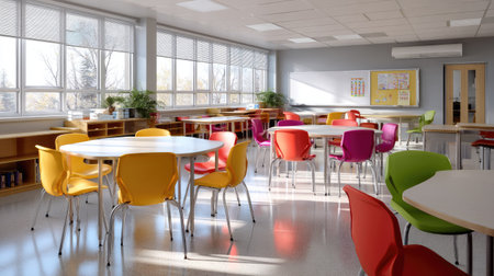 Classroom with collaborative desk clusters and color-coordinated chairs, no studentsの素材