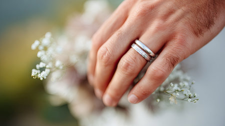 Close-up of intertwined hands on wedding day with rings, blurred background of ceremony setupの素材