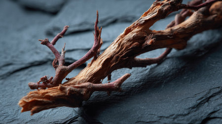 Close-up of a brittle branch from a dead tree on deep slate backdrop, emphasizing texture and decayの素材