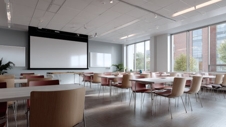 Empty classroom with large digital display and evenly spaced tables and chairs, modern designの素材