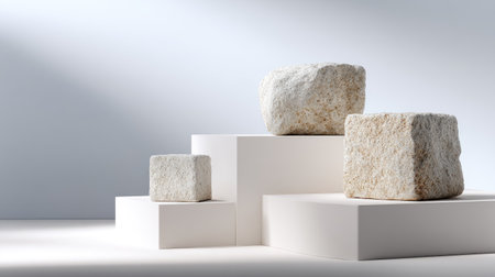Clean white podium with stone blocks spread apart on light gradient backgroundの素材