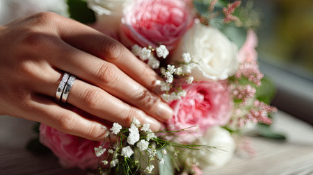 Close-up of hands with wedding rings over a bouquet of flowers, soft natural lightingの素材