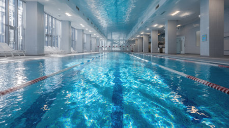Clean and vibrant indoor pool with sparkling water, brightly lit, and designed with a contemporary style, empty of swimmersの素材