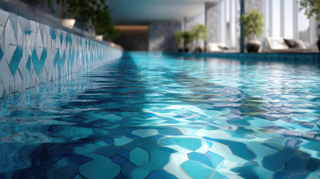 Clear water in a bright, vibrant indoor pool with geometric tiles and soft light from above, no people visibleの素材