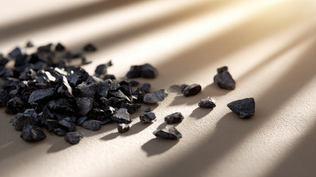 Crushed charcoal stones dispersed on a cream matte surface with artistic lightingの素材