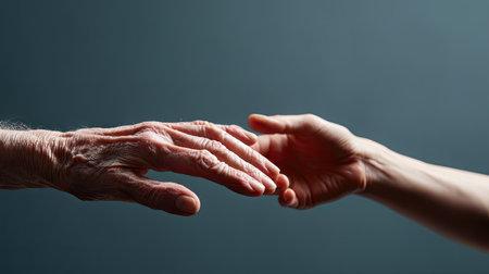 Close-up of an elderly and a young hand reaching out, symbolizing generational connectionの素材