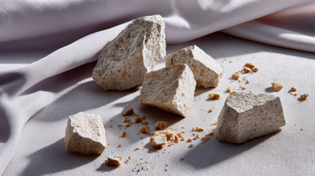 Broken granite fragments on pale textured fabric background, clean modern aestheticの素材