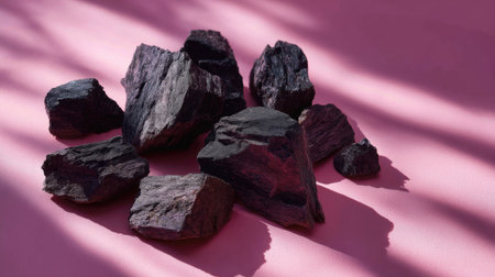 Charcoal black rock fragments on a pastel pink surface, dramatic lighting for product or design useの素材