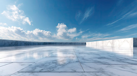Clean, elegant marble flooring with soft light reflecting off its surface, under a clear sky with light cloudsの素材