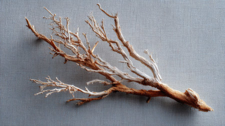 Desiccated branch from a dead tree spread diagonally across a matte gray canvas backgroundの素材