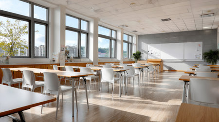 Clean, spacious educational room with modern seating and writing surfaces, devoid of peopleの素材