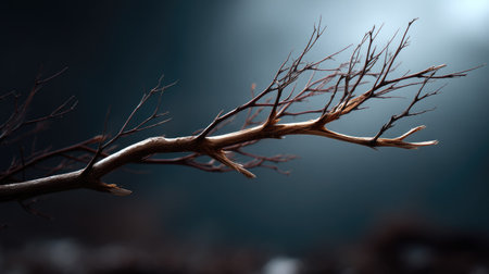 Dry skeletal branch diagonally placed across a dim background, suggesting decay and passage of timeの素材