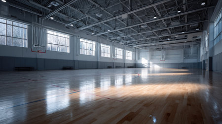 Clean indoor basketball gym with bright lighting and court lines clearly visible, no playersの素材