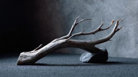 Curved, brittle branch of a dead tree resting on a charcoal gray surface, styled for a minimalist dark themeの素材
