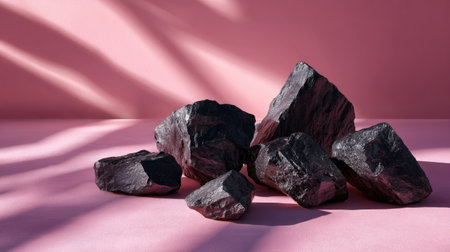 Charcoal black rock fragments on a pastel pink surface, dramatic lighting for product or design useの素材