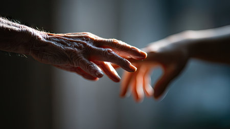 Close-up of an elderly and a young hand reaching out, symbolizing generational connectionの素材