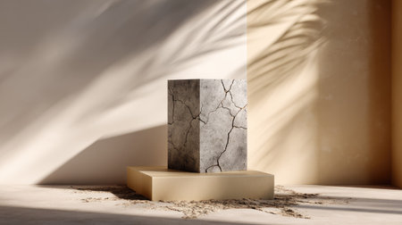 Cracked cement block podium with modern industrial aesthetic for tech or skincare mockupsの素材