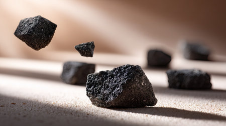 Dark lava stone pieces dispersed across a neutral beige backdrop with soft depth of fieldの素材
