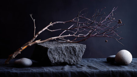 Dark-themed still life of dry tree branch across a textured black stone surfaceの素材