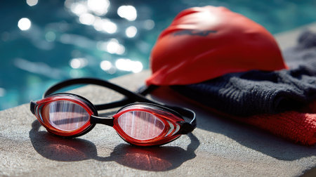 Close-up of a swimmer's goggles and cap, showcasing their equipment while they prepare to dive inの素材