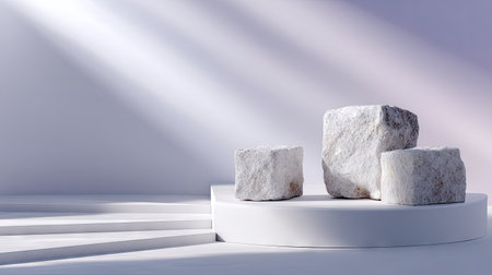 Clean white podium with stone blocks spread apart on light gradient backgroundの素材